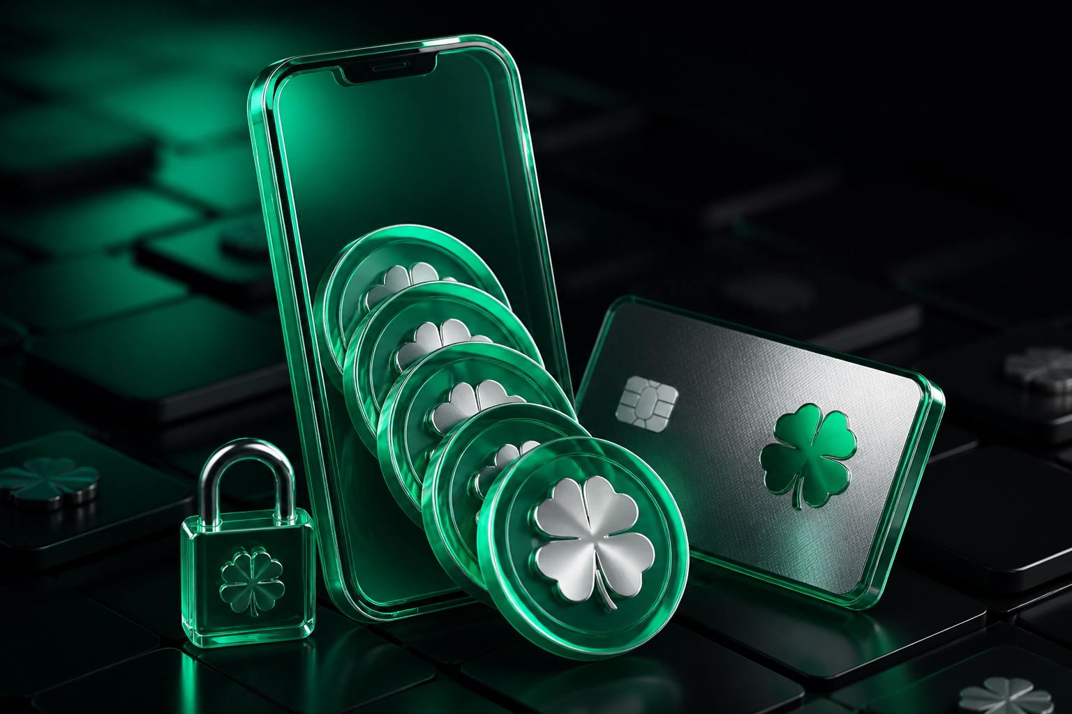 Πράσινο γυάλινο smartphone με καταρράκτη νομισμάτων με ανάγλυφο τριφύλλι, χρωμιωμένη τραπεζική κάρτα και λουκέτο σε σκούρο φόντο